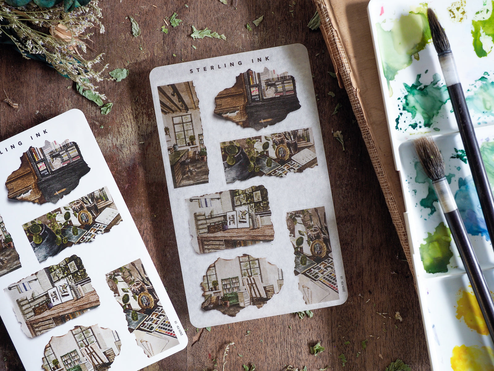 "Torn Paper Stickers - January 2025," featuring vintage, sepia-toned fragments of historical architecture and beautifully distressed city scenes for scrapbooking.