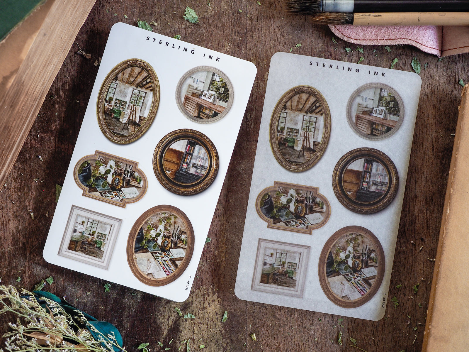 Ornate picture frame stickers featuring sepia-toned, vintage scenes of rustic antique shop interiors, perfect for journaling or scrapbooking.