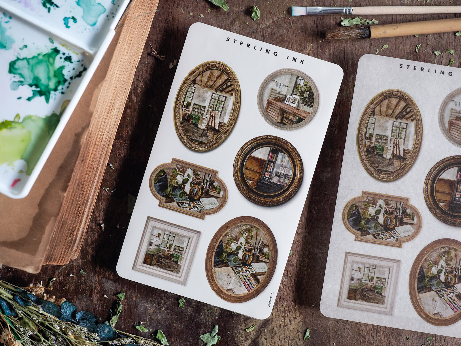 Vintage picture frame stickers with distressed, antique collages, featuring sepia-toned photos and decorative border designs.