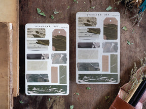 Vintage scrapbooking stickers featuring torn tape designs and muted earth tones, perfect for journaling and planning with the January 2025 theme.