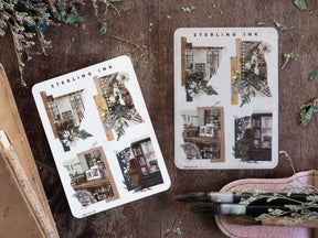 A sheet of large icon stickers featuring a collage pattern of vintage home interior vignettes, including cozy rooms, windows, and detailed decor elements.
