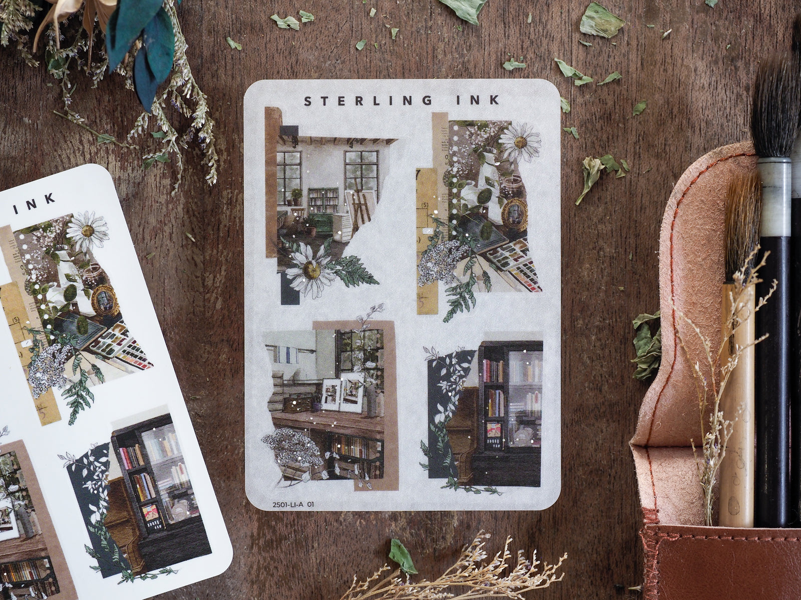 Collection of decorative stickers with a vintage, architectural theme, featuring muted monochrome illustrations of cozy libraries and interior design vignettes.