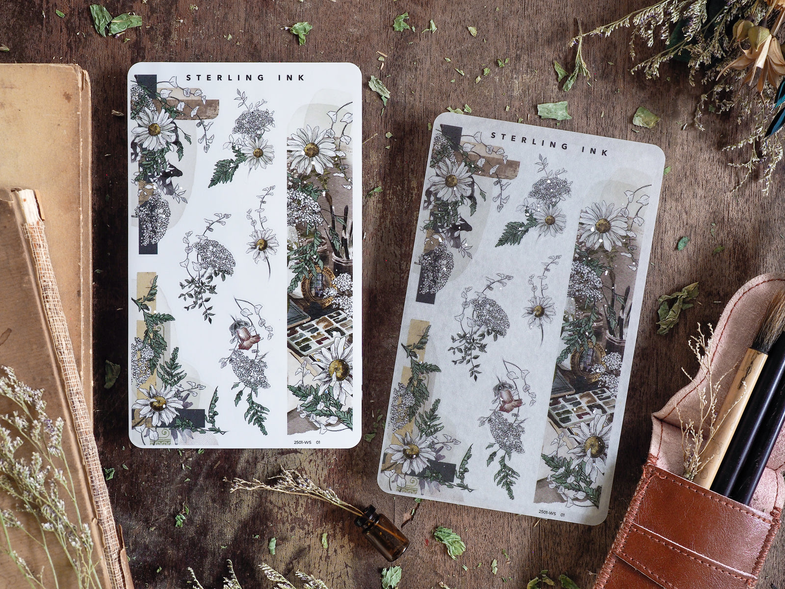 Decorative washi strip stickers featuring a muted botanical pattern of detailed white flowers, natural foliage, and delicate vintage accents.