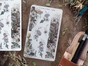 Decorative washi stickers featuring intricate vintage botanical prints of detailed flowers, leaves, and insects in black and white.