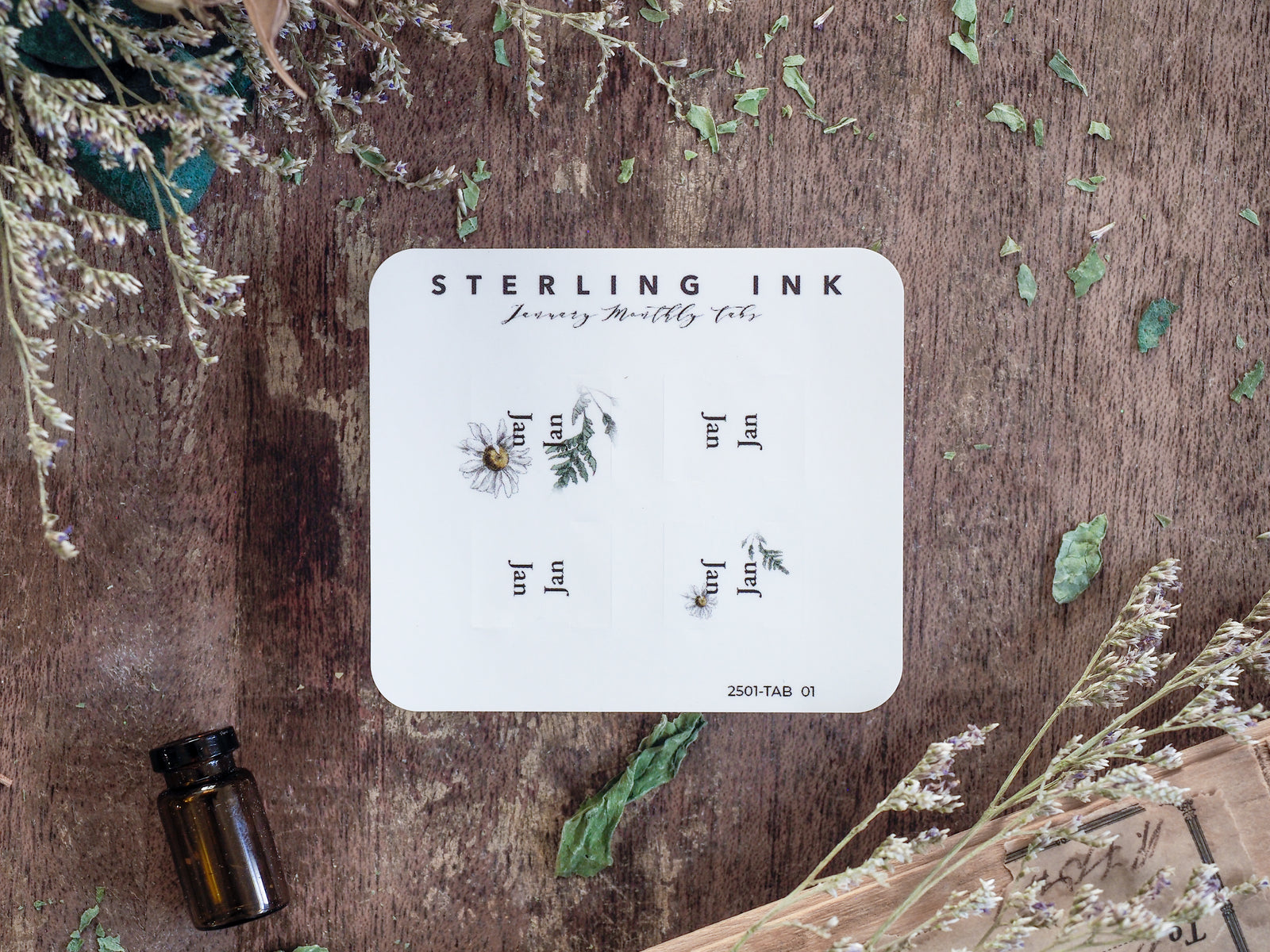 A card set featuring four elegant January monthly planner tabs adorned with delicate botanical illustrations of small white flowers and green leaves.