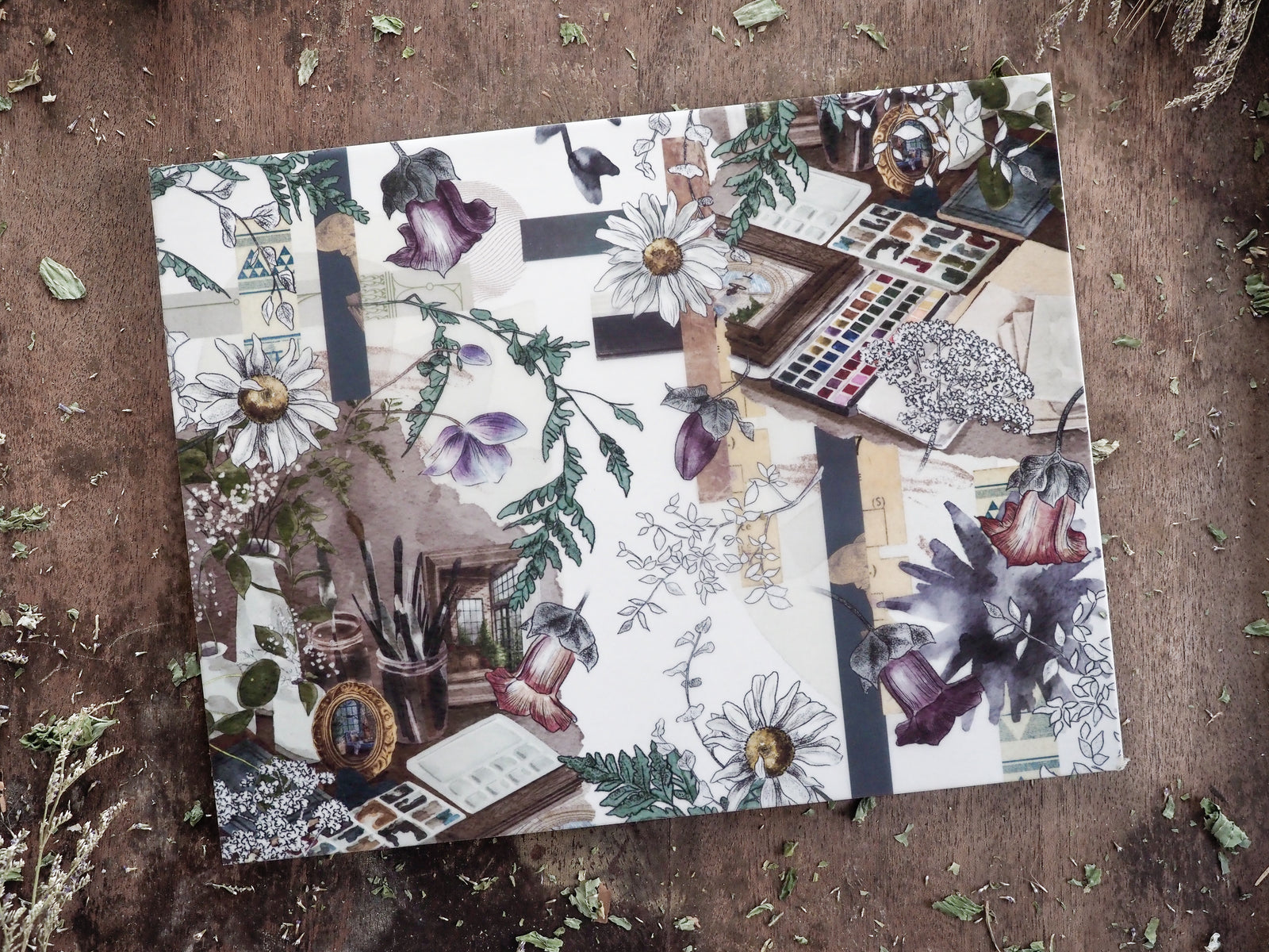 Botanical collage pattern for January 2025, featuring layered elements of purple blooms, white daisies, and deep green foliage against a vintage, artistic background.