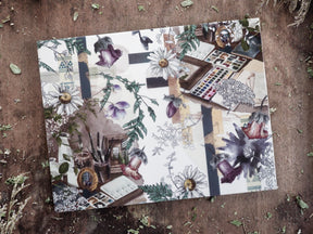 Botanical collage pattern for January 2025, featuring layered elements of purple blooms, white daisies, and deep green foliage against a vintage, artistic background.