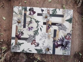 Elegant botanical planner sheet for January 2025, patterned with deep purple dahlias, delicate white filler flowers, and varying shades of foliage.