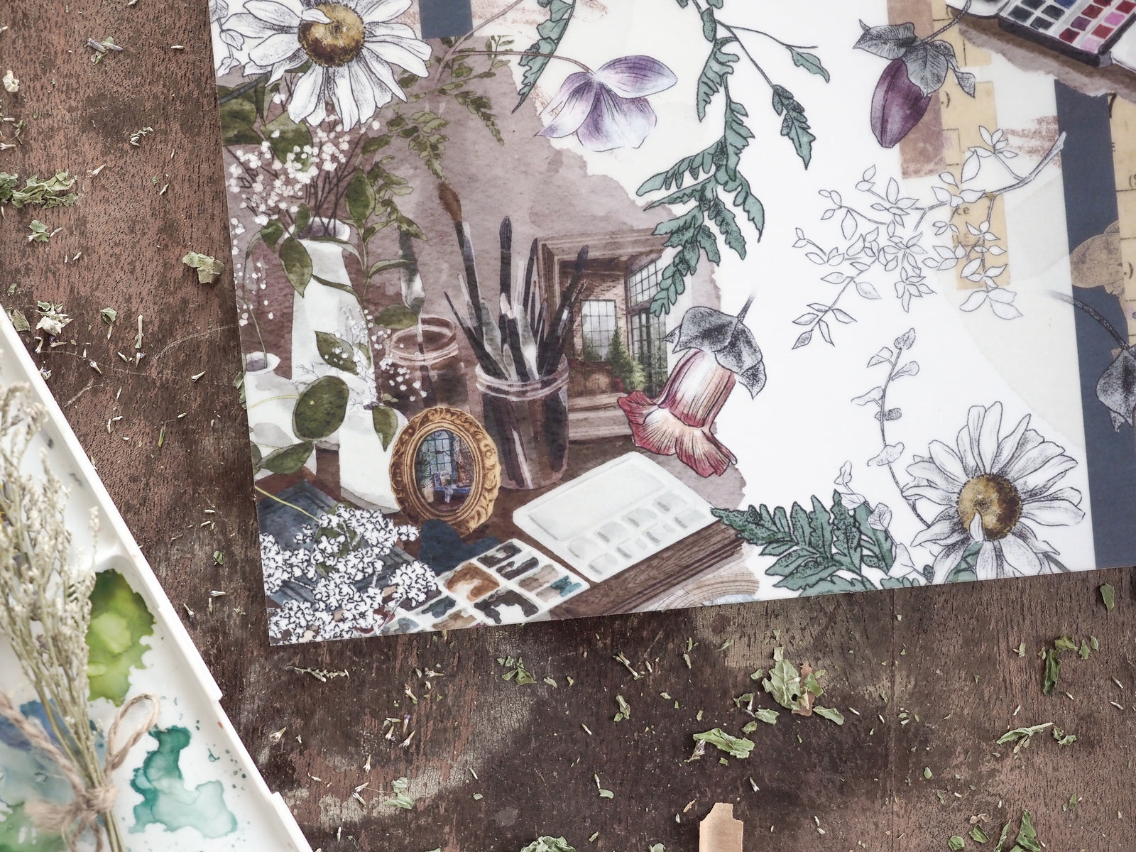 Vintage botanical planner sticker sheet for January 2025, adorned with vibrant sunflowers, delicate foliage, and antique decorative vignettes.