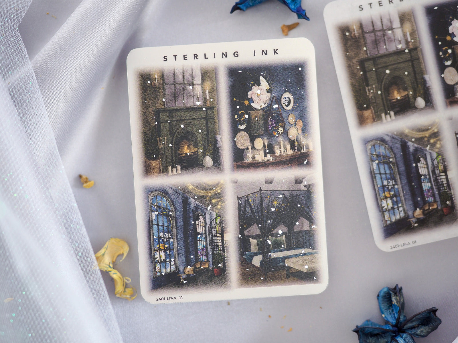 Highly detailed sticker collage featuring four panels of dark, atmospheric illustrations of mysterious, illuminated Victorian-style architecture, windows, and grand doorways.