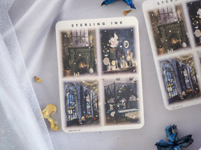 Highly detailed sticker collage featuring four panels of dark, atmospheric illustrations of mysterious, illuminated Victorian-style architecture, windows, and grand doorways.