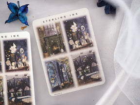Illustration sticker sheet displaying four detailed panels of atmospheric scenes—including glowing architecture and indoor vignettes—adorned with silver foil accents.