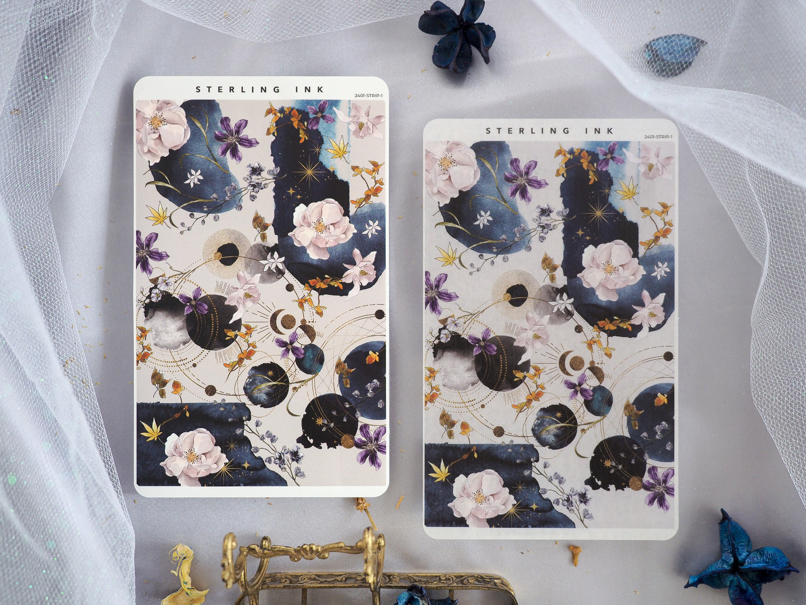 Elegant sticker strips featuring a romantic celestial and botanical pattern with soft blush peonies, deep indigo night skies, and scattered gold stars.