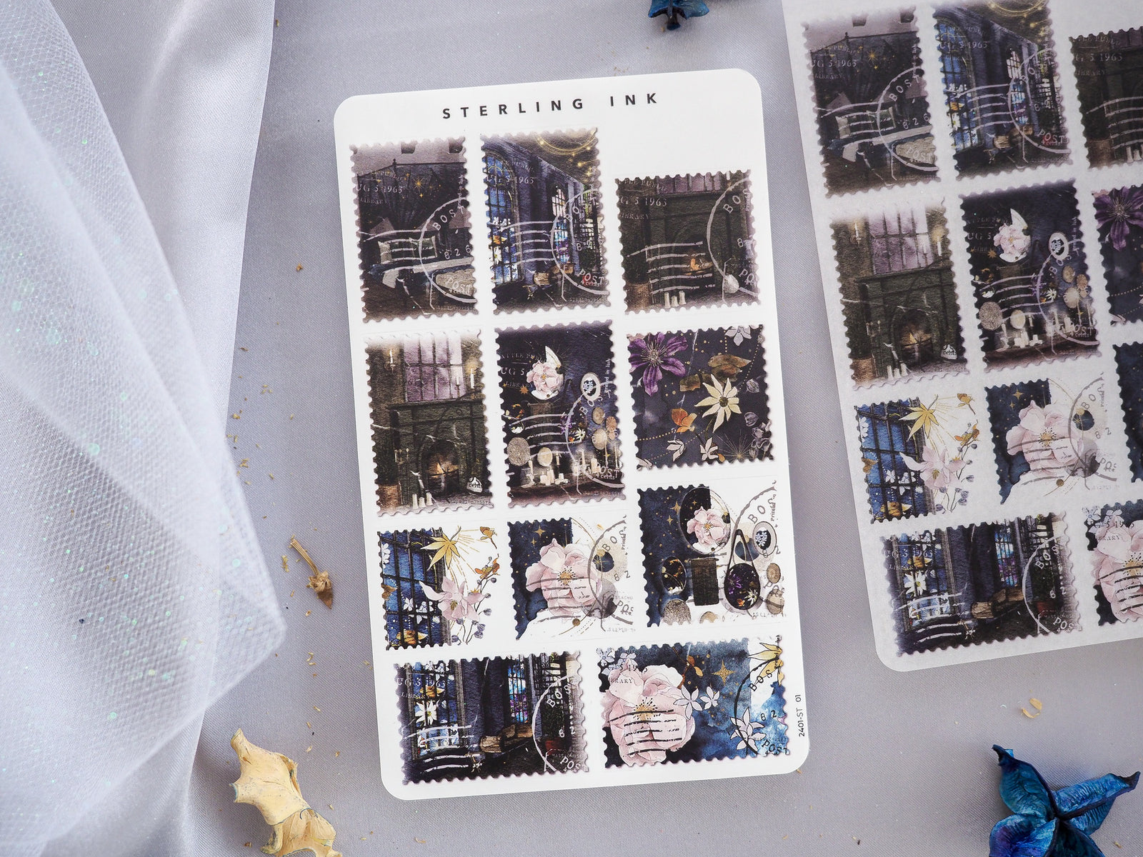 Decorative sheets of stamps and stickers for journaling, featuring a vintage, sepia-toned aesthetic with ornate Victorian engravings, antique clocks, and floral motifs.