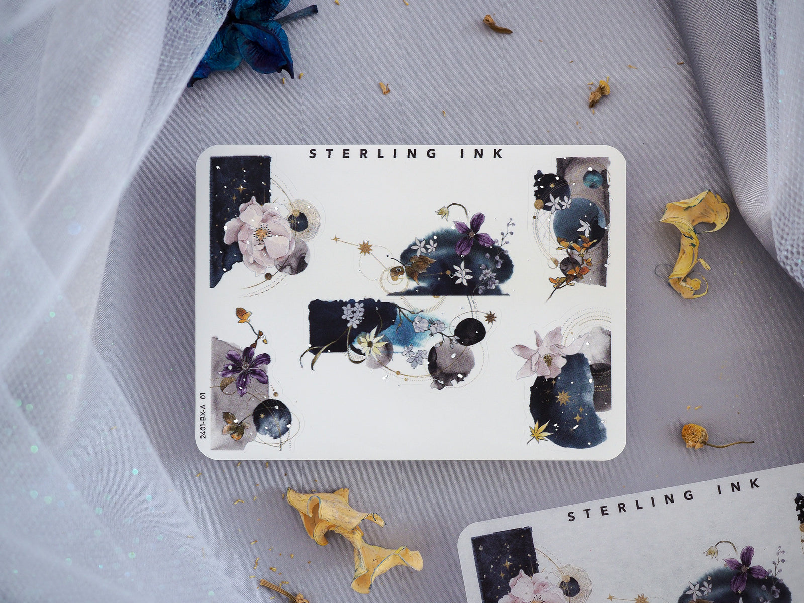 Vibrant watercolor sticker set featuring clusters of dark floral motifs, peonies, and botanical elements accented with elegant silver foil details.