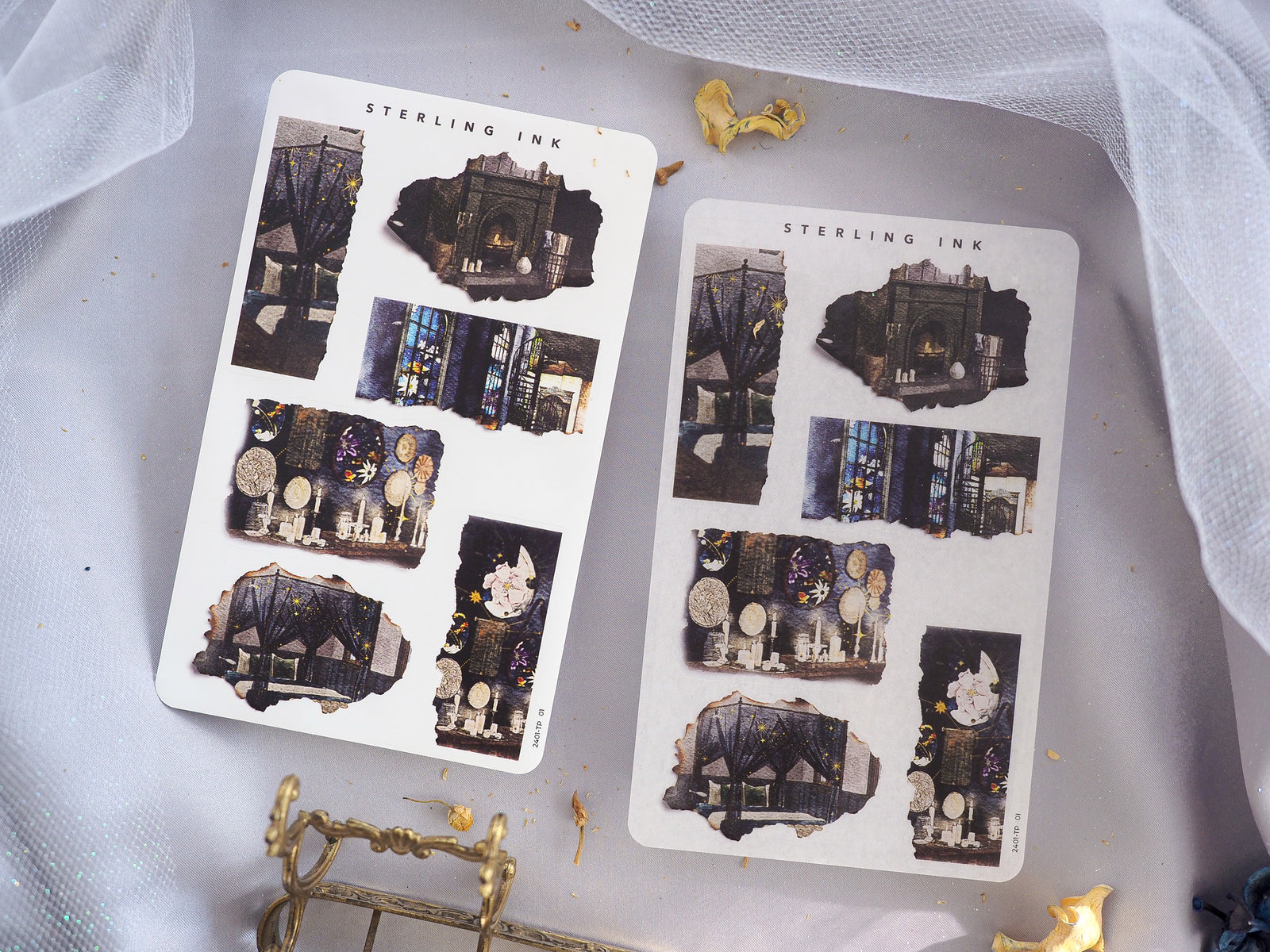 Dark academia-themed torn paper stickers featuring various vintage architectural designs, including gothic windows, ornate arches, and crumbling building facades.