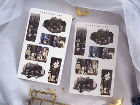 Dark academia-themed torn paper stickers featuring various vintage architectural designs, including gothic windows, ornate arches, and crumbling building facades.