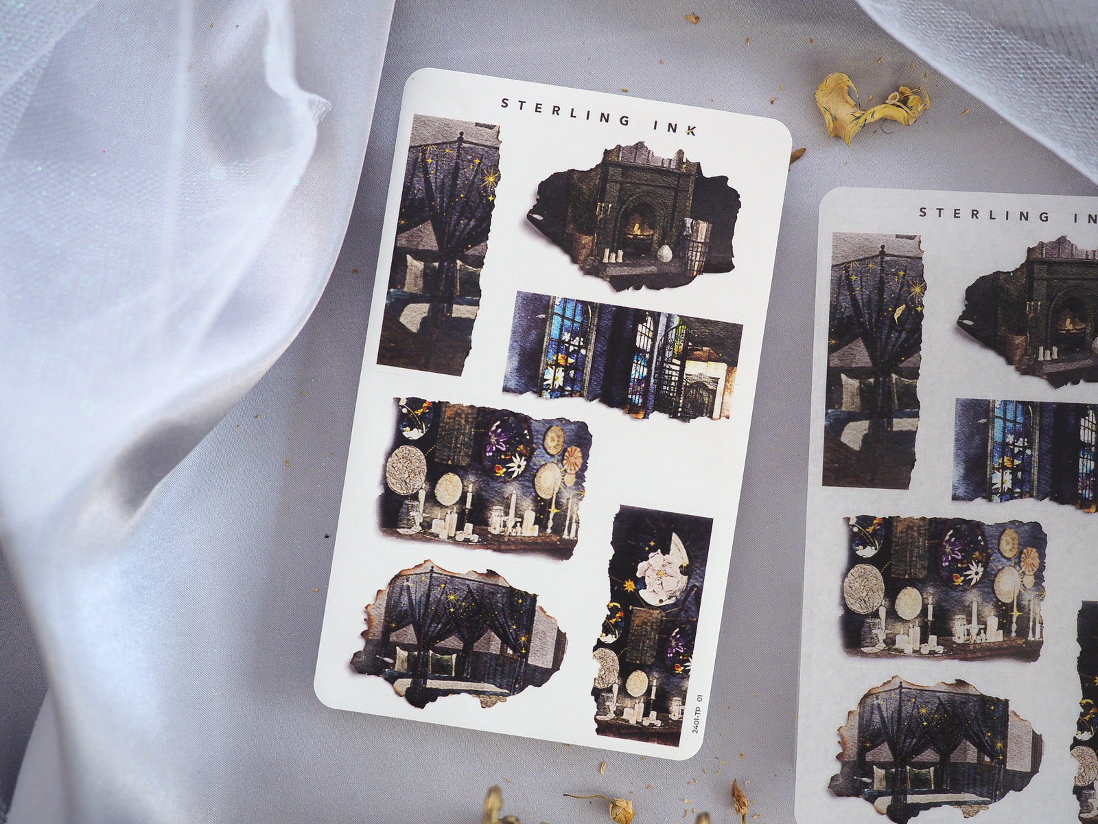 Torn paper stickers showcasing moody, distressed architectural vignettes, including dark Victorian facades, windows, and ornate interior elements.