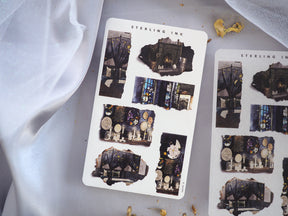 Torn paper stickers showcasing moody, distressed architectural vignettes, including dark Victorian facades, windows, and ornate interior elements.