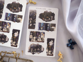 Moody sticker sheets for January 2024, featuring vintage, dark-toned illustrations of mysterious, atmospheric city windows and nocturnal street scenes.