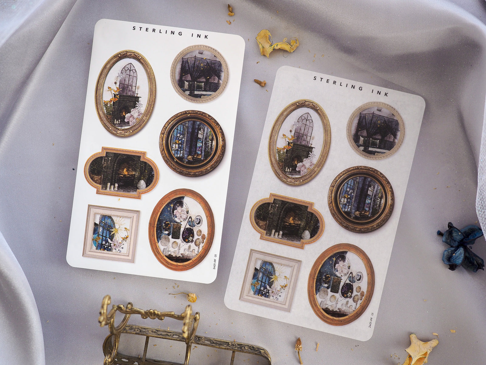 Set of decorative picture frame stickers featuring muted vintage designs of gothic architecture and mysterious cityscapes, perfect for journaling.
