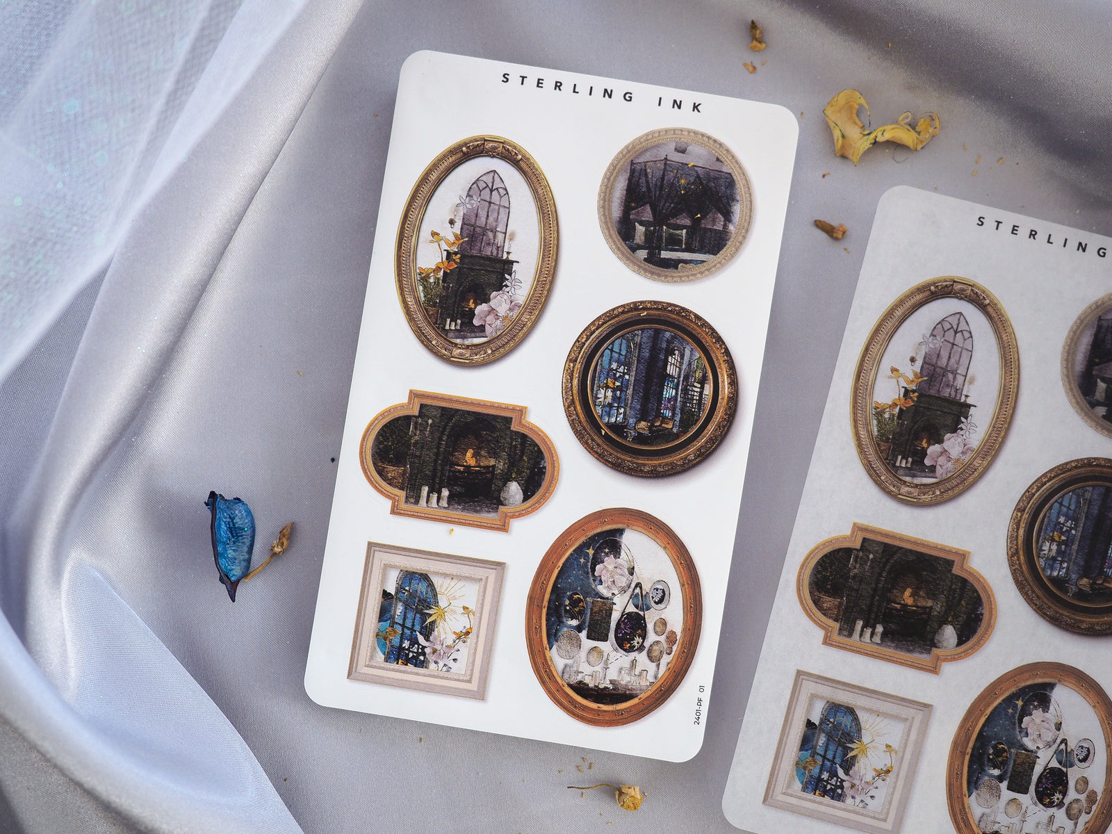 A collection of ornate, distressed picture frame stickers featuring sepia-toned vintage architectural scenes and decorative photo borders.