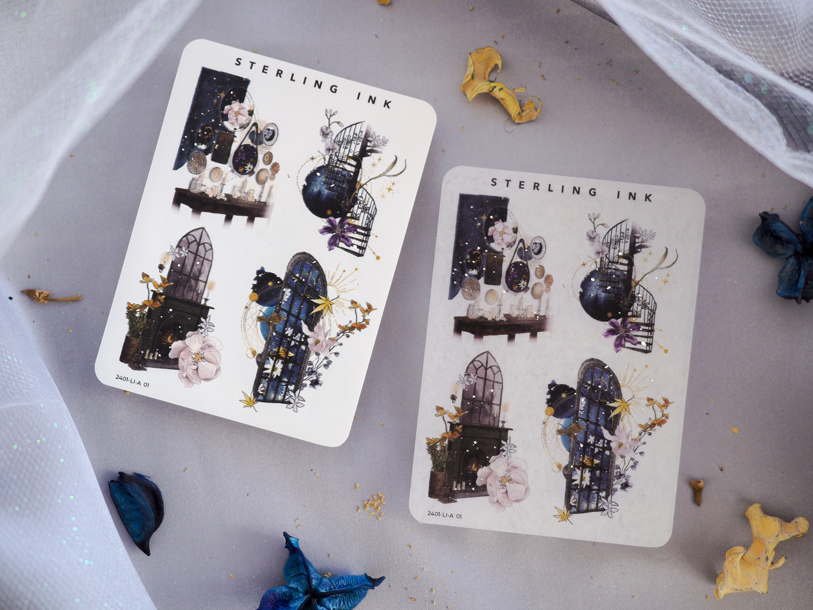 Illustrative sticker sheets featuring January 2024 themes with ornate dark architecture, delicate blush floral arrangements, and detailed vintage cityscape vignettes.