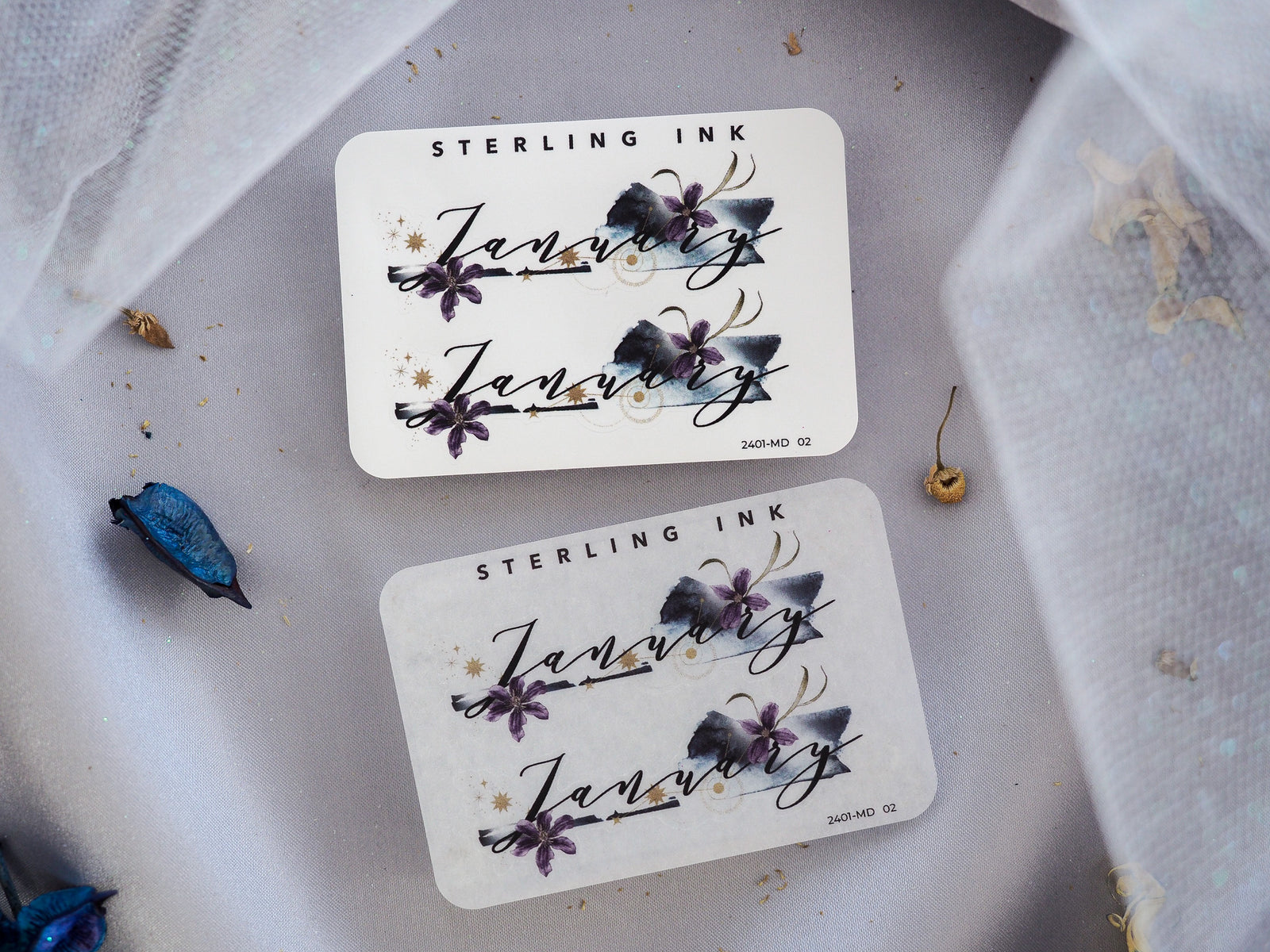 Decorative "January" month stickers featuring elegant, dark floral clusters and subtle metallic star accents on a clean white background.