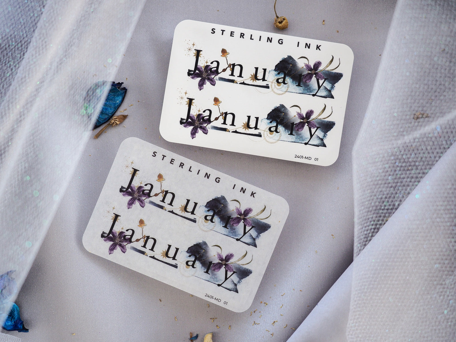 Elegant botanical January stickers featuring the name in scripted lettering and dark, vibrant purple watercolor floral accents.