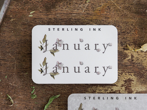 Elegant botanical sticker labeled "JANUARY" from Sterling Ink, featuring delicate green leaves and small flowers paired with an elegant script typeface.