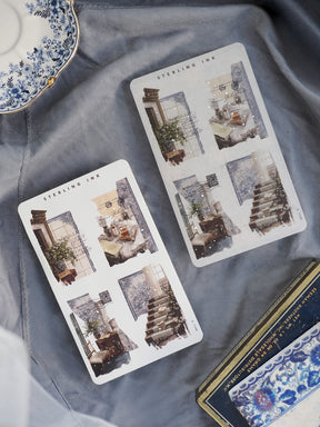 Festive "Sterling Ink" collage stickers for journaling, showcasing winter indoor scenes like decorated windows, fireplaces, and glittering staircase motifs.