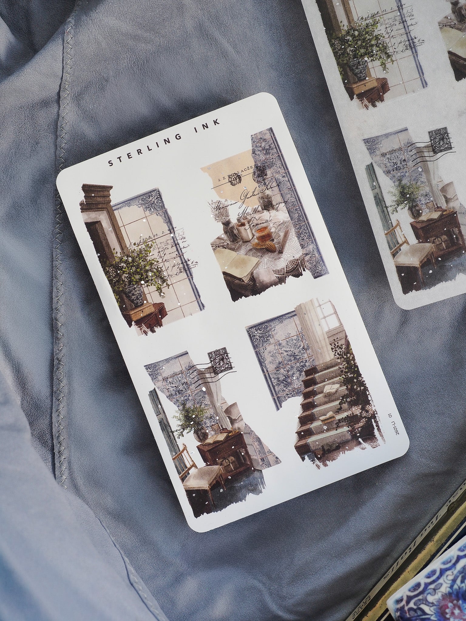 Collage sheet of sepia-toned vintage stickers depicting faded architectural sketches and nostalgic interior room vignettes.