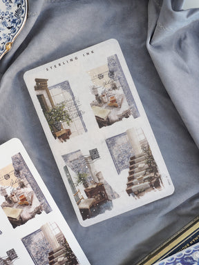 Vintage collage sticker sheets featuring sepia-toned, architectural drawings and nostalgic indoor scenes, enhanced with metallic silver foil.