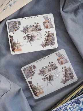 A set of vintage corner stickers featuring architectural drawings, stacked stairs, and decorative botanical elements in a soft sepia and sage green palette.