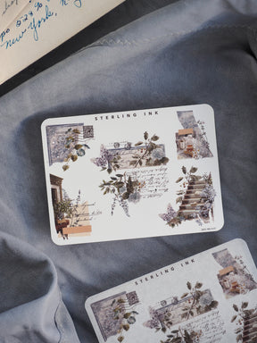 Vintage journaling sticker sheet featuring elegant silver foil edges, corner embellishments, and delicate botanical wreaths perfect for scrapbooking and planners.