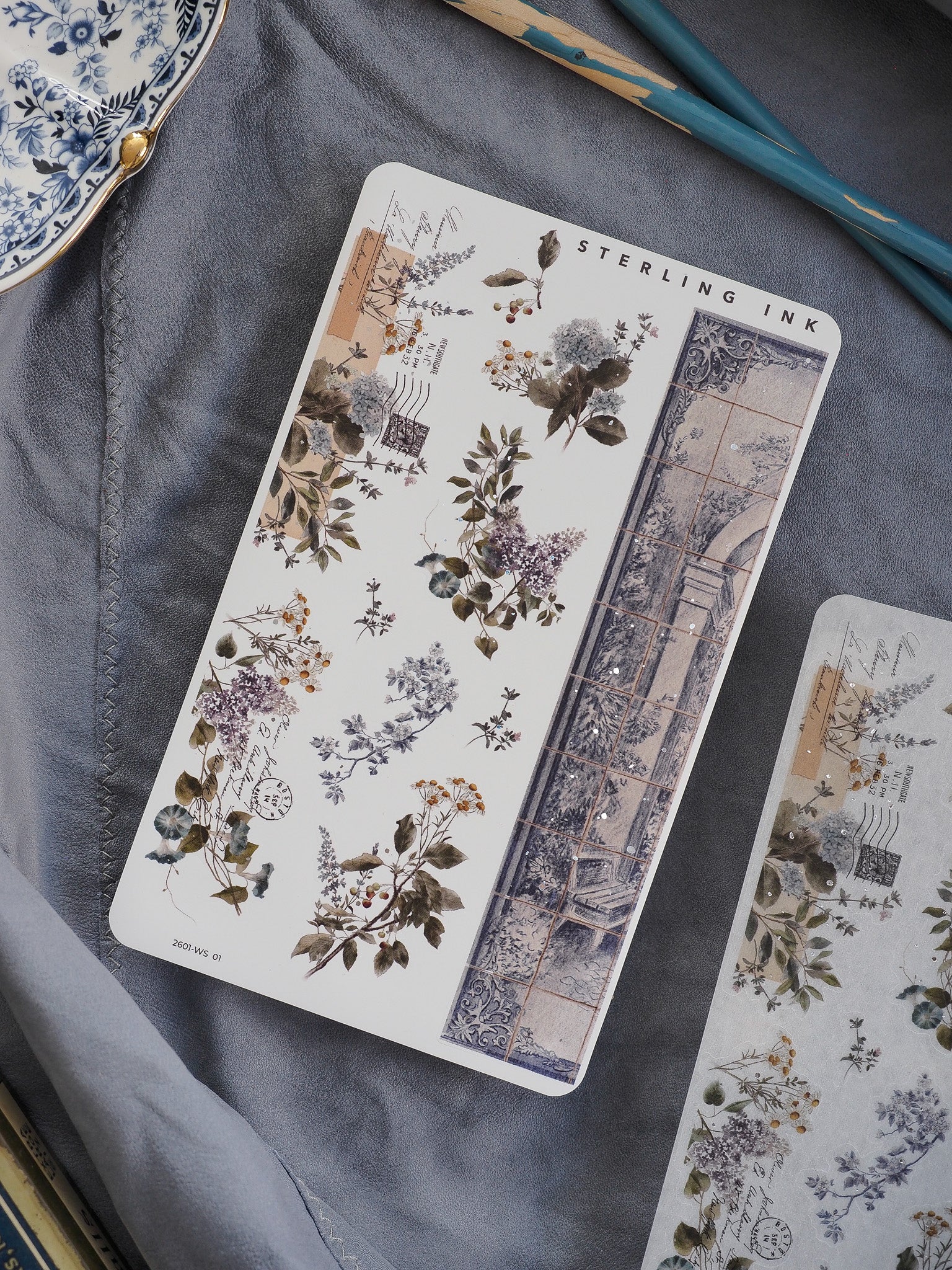 Elegant washi strip stickers featuring an intricate, antique botanical collage of muted green and brown foliage, perfect for seasonal journaling and scrapbooking.