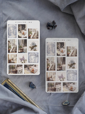 Two sheets of delicate, vintage-themed stamps featuring a grid pattern of botanical and architectural indoor scenes in soft, muted watercolor tones.