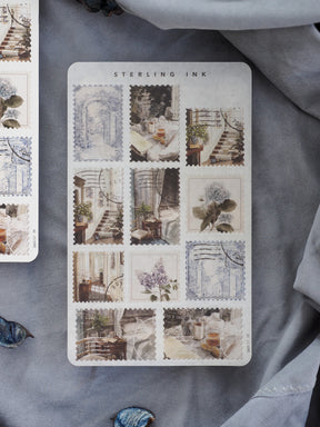 Assortment of vintage, sepia-toned die-cut stickers titled 'Sterling Ink,' depicting architectural details, passages, and delicate botanical vignettes.