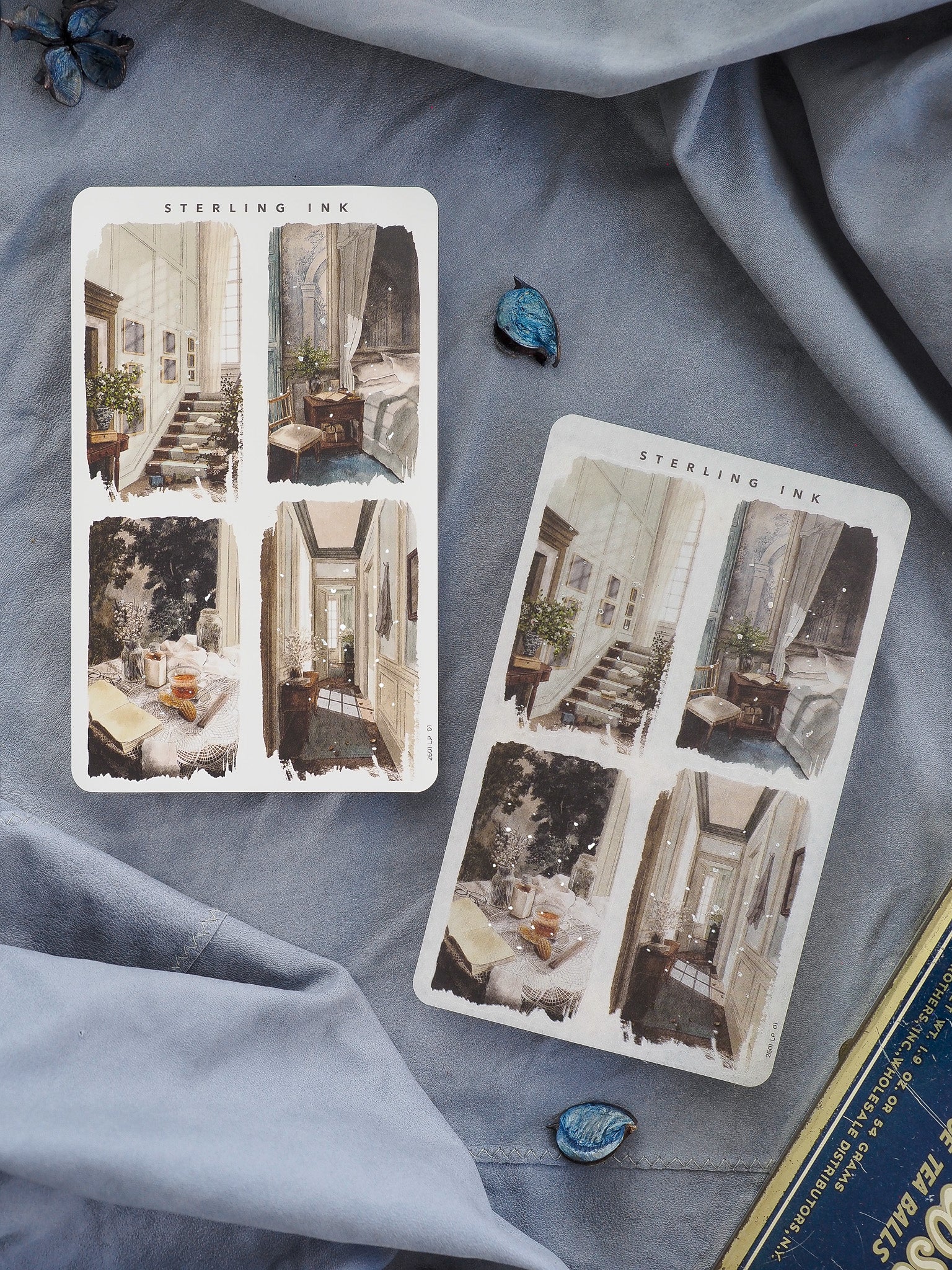 Watercolor sticker sheets featuring elegant, classic illustrations of detailed interior rooms and architectural vignettes with a vintage, romantic aesthetic.