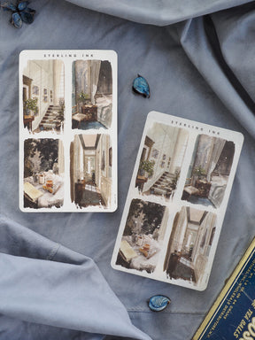 Watercolor sticker sheets featuring elegant, classic illustrations of detailed interior rooms and architectural vignettes with a vintage, romantic aesthetic.