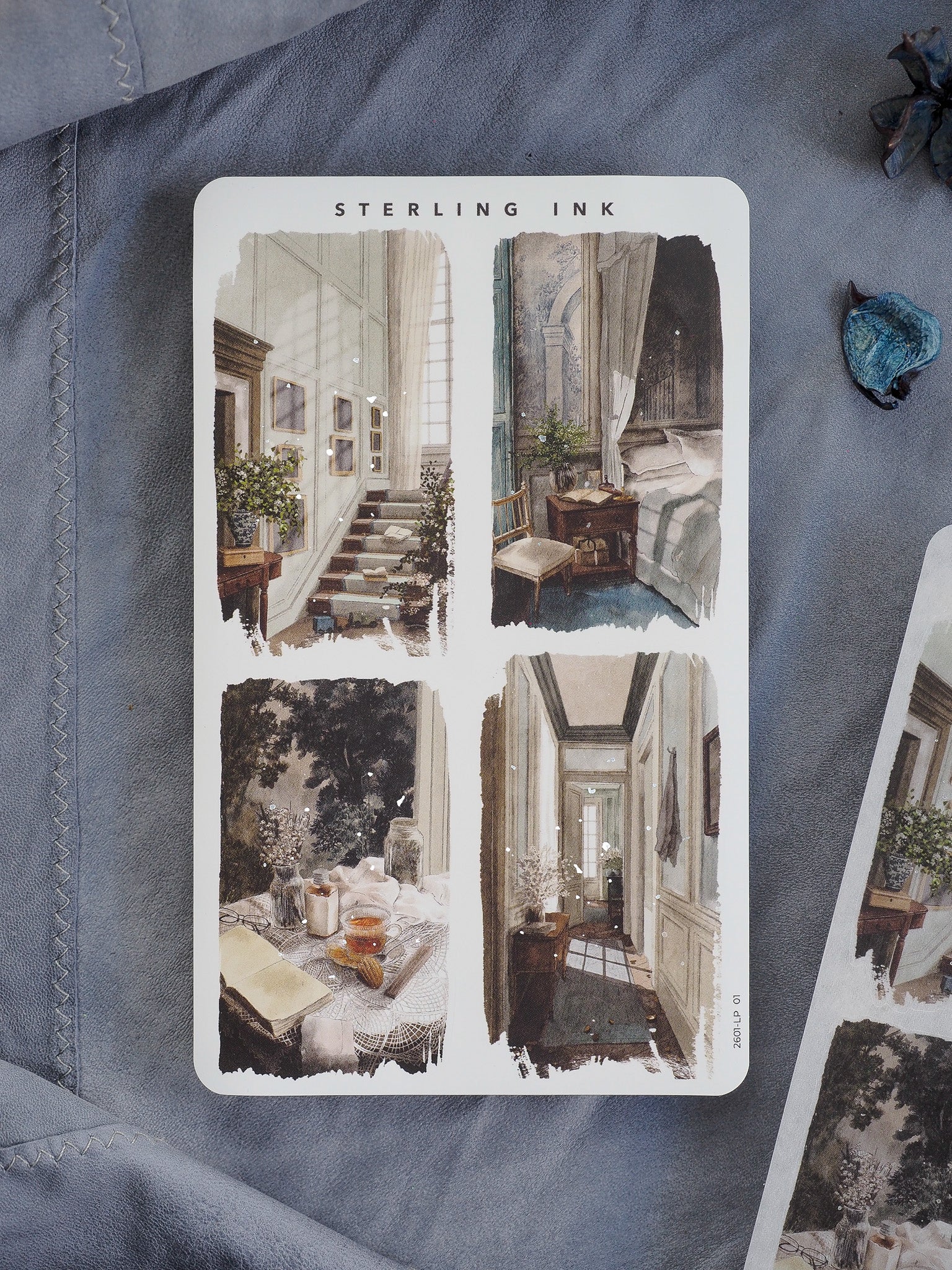 Four large, detailed illustration stickers featuring elegant, painterly scenes of vintage interiors, including grand staircases, sophisticated rooms, and antique furniture.