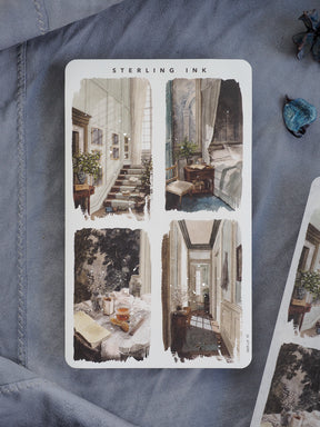 Four large, detailed illustration stickers featuring elegant, painterly scenes of vintage interiors, including grand staircases, sophisticated rooms, and antique furniture.