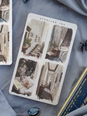 Large set of silver foil illustration stickers featuring watercolor depictions of elegant interior scenes, such as staircases and rooms, perfect for creative journaling.