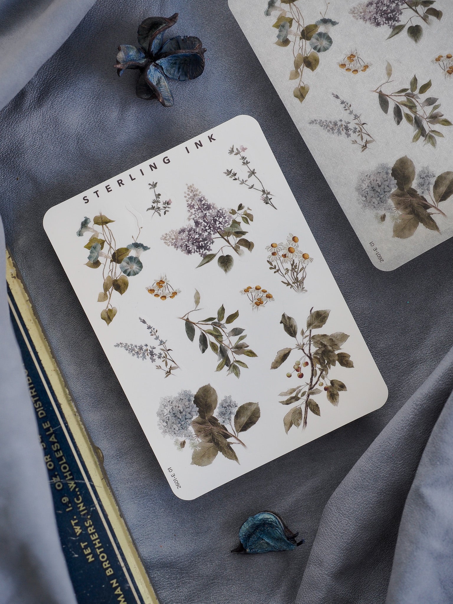 Botanical elements sticker sheet featuring pressed leaves, wildflowers, and berries in soft, muted tones, perfect for crafting and journaling.