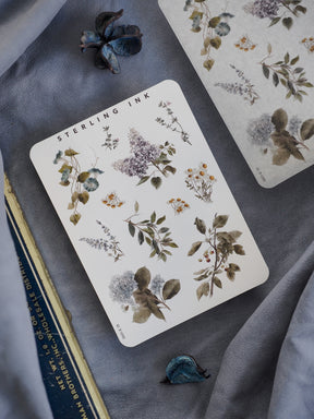 Botanical elements sticker sheet featuring pressed leaves, wildflowers, and berries in soft, muted tones, perfect for crafting and journaling.