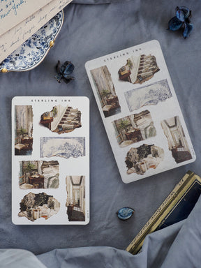 Decorative sticker sheets featuring distressed, torn paper patterns and vintage illustrations of architectural ruins, stairways, and forgotten interiors.