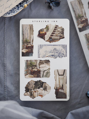 A set of vintage torn paper stickers for journaling, featuring distressed illustrations of crumbling stone staircases and romantic historical architecture.