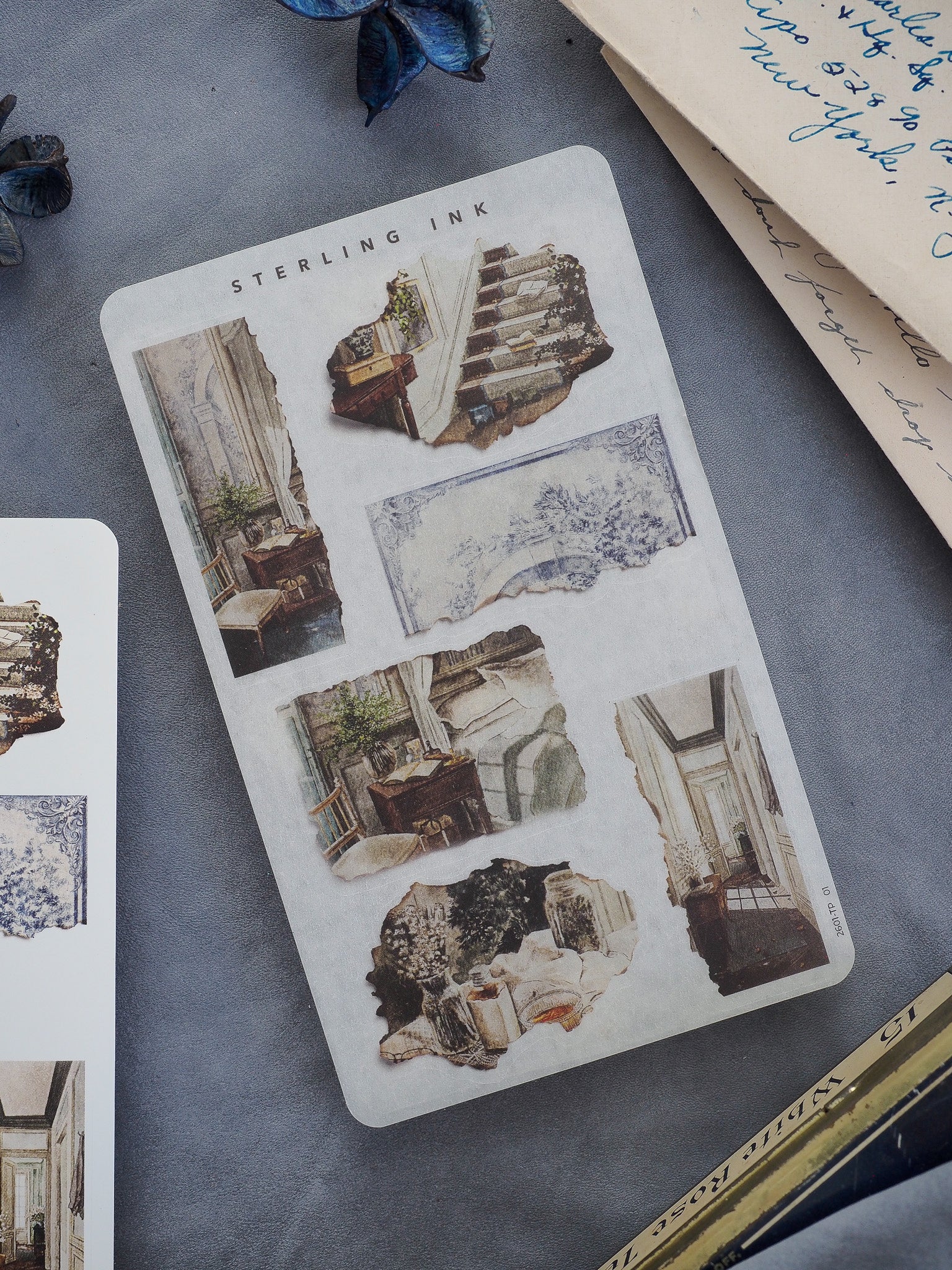 Vintage "Sterling Ink" sticker sheet featuring a distressed collage of torn paper textures and faded architectural blueprints in sepia tones.