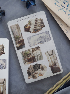 Vintage "Sterling Ink" sticker sheet featuring a distressed collage of torn paper textures and faded architectural blueprints in sepia tones.