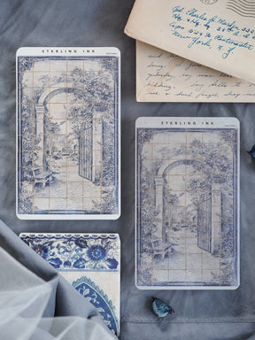 Vintage monochrome strips featuring intricate architectural arches and pathways, organized on a fine gridded background.
